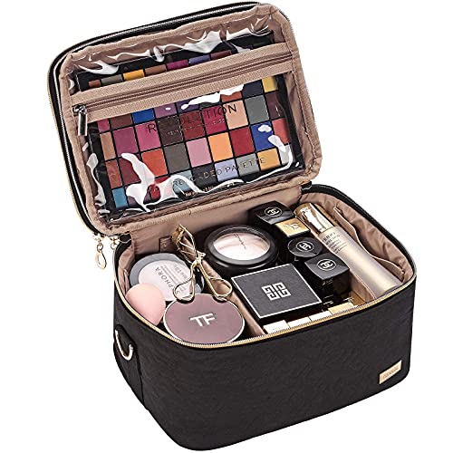 NISHEL Double Layer Travel Makeup Bag with Strap, Large Cosmetic Case Organizer Fits Bottles Vertically, Top Layer for Brushes, Tweezers, Eyeliner, Black 3 NISHEL Double Layer Travel Makeup Bag with Strap, Large Cosmetic Case Organizer Fits Bottles Vertically, Top Layer for Brushes, Tweezers, Eyeliner, Black