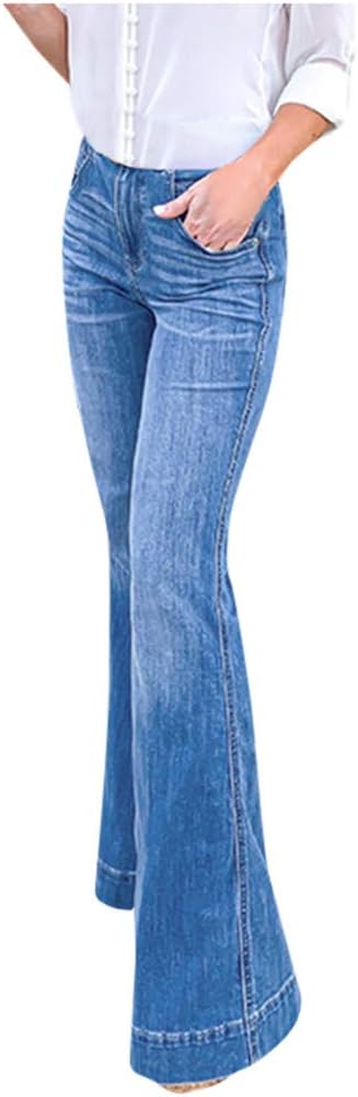 Womens High Rise Wide Leg Jeans, Vintage Flare Bell Bottom Raw Hem Denim Pants Morecome