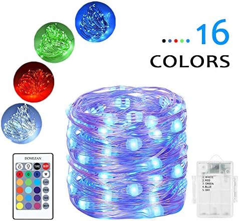 DOMEZAN Fairy lights Battery Powered Color Changing String Lights With Remote 50LED Indoor Decorative Silver Wire Lights for Bedroom Patio Outdoor Garden Stroller Christmas Tree (16ft)