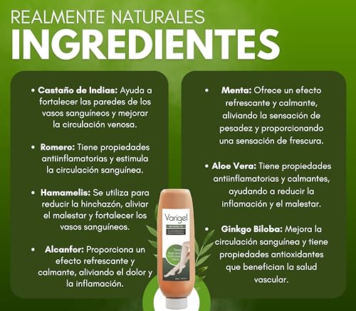 Sin Dolor Gel para Piernas Cansadas y Varices - Varigel 225 gr - Mala circulación y Arañitas - Con Castaño de Indias y Hammamelis