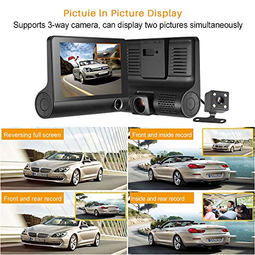 Car Dash Cam Front Inside Rear Video Recorder Camera Dual Dash Cam with 4 inch Reverse Full Screen Driving Recorder DVR HD 1080P Night Vision Parking Mode Seamless Recording