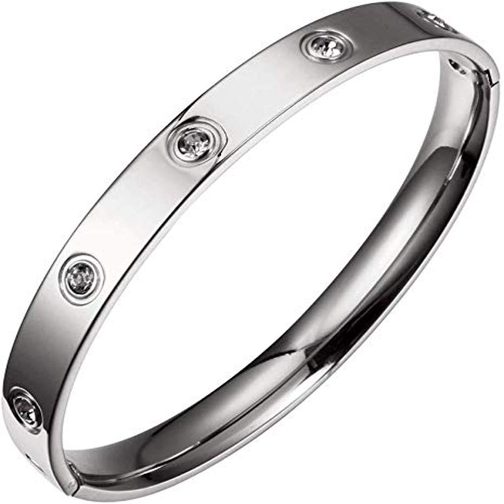 Forleiton Men Women's Oval Pave Crystal CZ Cuff Stainless Steel Bangle Bracelet Jewelry 7.5'' (Silver-Perimeter 7.5inches)