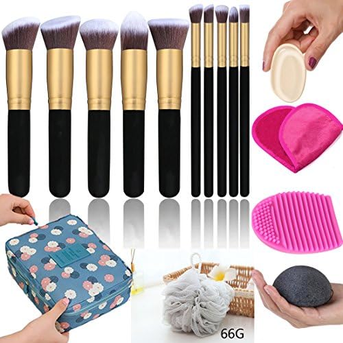 Makeup Brush Set - Makeup Cosmetic Bag, Makeup Remover Cloth Chemical Free, Cleaning Makeup Washing Brush, Konjac Sponges, Bath Shower Sponge Pouf, 2in1 Makeup Sponge Blender &amp; Powder Puff (Black)