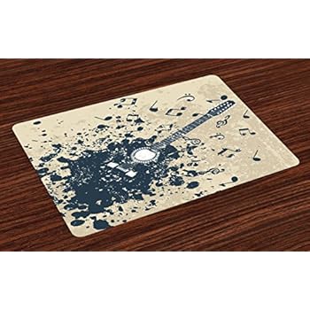 Ambesonne Modern Place Mats Set of 4, Acoustic Guitar on Retro Murky Background with Music Notes Melody Illustration, Washable Fabric Placemats for Dining Table, Standard Size, Beige Blue