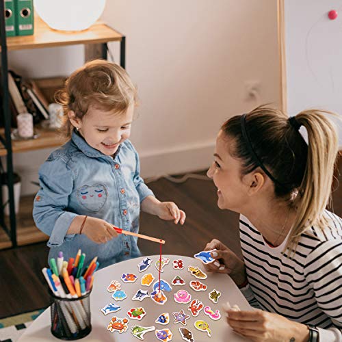 Magnetic Wooden Fishing Toy Set - Fishing Game Lets Go Fishing Toy Game 32Piece Fishes Basic Educational Development Wooden Magnetic Bath Fishing Travel Table Toy Halloween Christmas Birthday Gift for