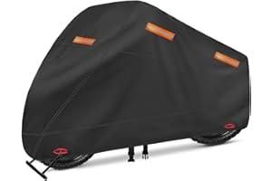 OWEEIO Motorcycle Cover, Heavy Duty 600D Oxford, Waterproof Outdoor, Weather Resistant, Rip-Proof, Anti-UV with 5 Reflective Strips, 2 Lock-Holes, 1 Windproof Strap, 1 Storage Bag (105" x 41" x 50")
