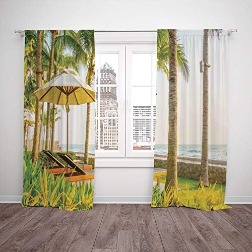 2 Panel Set Satin Window Drapes Kitchen Curtains,Seaside Palm Trees Umbrella and Chairs Around Swimming Pool in Hotel Resort Image Yellow Green and Tan,for Bedroom Living Room Dorm Kitchen Cafe