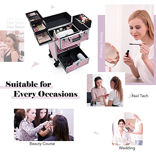 Rolling Makeup Case with Drawer Cosmetology Case on Wheels Makeup