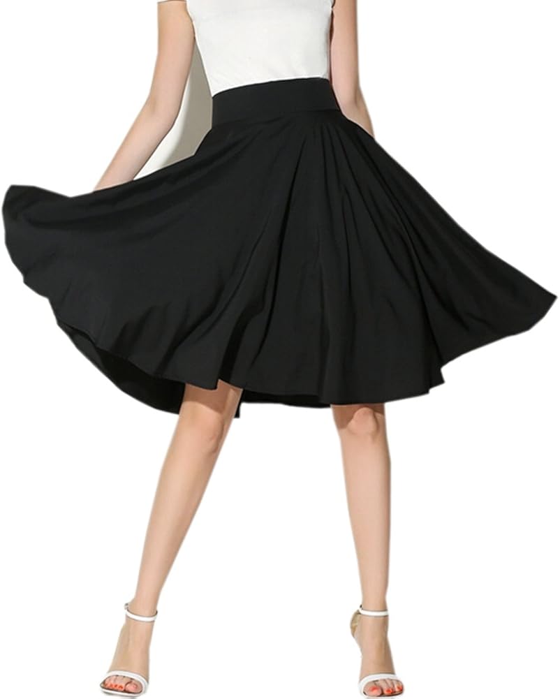 GGTFA Vintage High Waist Basic Flared Midi Pleated Skater Skirt at