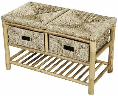 Storage Entryway Bench with 2 Drawer Bamboo Bench with Shelf in Natural Bamboo and Seagrass 18.1'' H x 30.3'' W x 14.1'' D in .