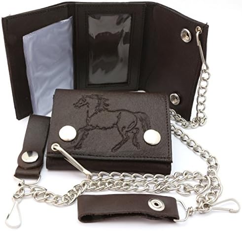Trifold Brown Genuine Leather Biker Chain Wallet with an Embossed Horse Design