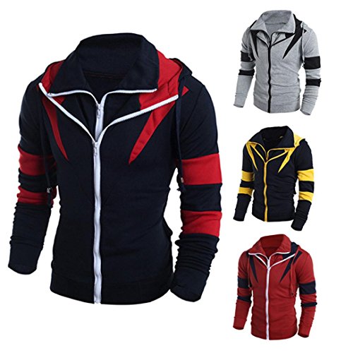 Men Coat Among Color Double Zipper Hooded Cardigan Sweater Tops Jacket Outwear (L, Navy)