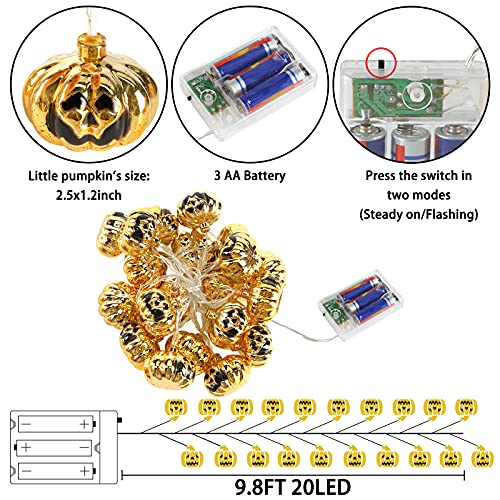 DomeStar Halloween Pumpkin String Lights, 9.8FT 20LED Pumpkin Lights Waterproof Halloween String Lights Flash Holiday Lights for Patio Garden Gate Halloween Outdoor Decor
