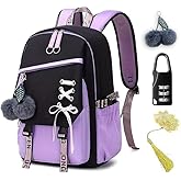 JMSBMQSE Teenage Girls Bookbag School Backpack Children Casual Daypack Schoolbag for Teens Black Purple Accessories bookmark. Teens Kawaii Bookbag