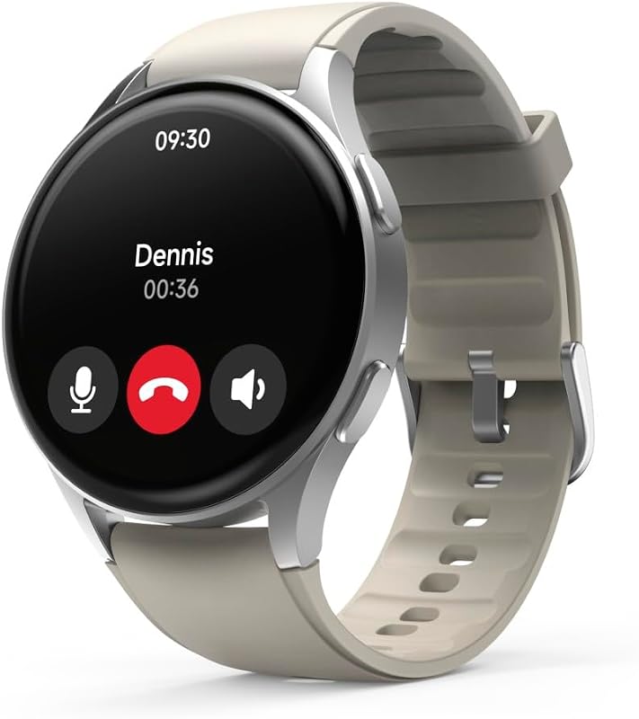 | Smartwatch 8900 (smartwatch, com GPS, ecrã tátil Amoled, relógio desportivo, permite chamadas mãos-livres) de cor prateada e bege.