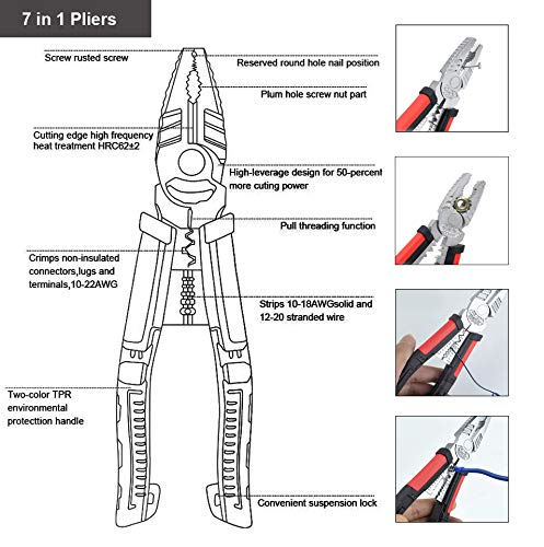 Linesman Pliers Multi-function Combination Pliers, Quickly Screw Extractions, 8-inch Portable Heavy Duty Pliers with Wire Stripper/Crimper/Cutter/Gripping Function, 5 Ways Crimping, Heavy Duty Pliers - Thumbnail 3