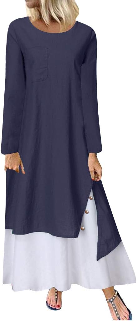 Sugely Women Plus Size Casual Loose Long Sleeve Solid Lady Splice Linen Long Maxi Dress,Loose Large Size Cotton And Linen Sling Round Neck Short-Sleeved Ethnic Style Printed Dress