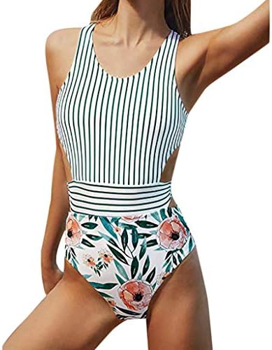 Women's Bikini Swimsuit,Lilies Print Tank Top One-Piece Stripe Zipper Bandage by residentD Green