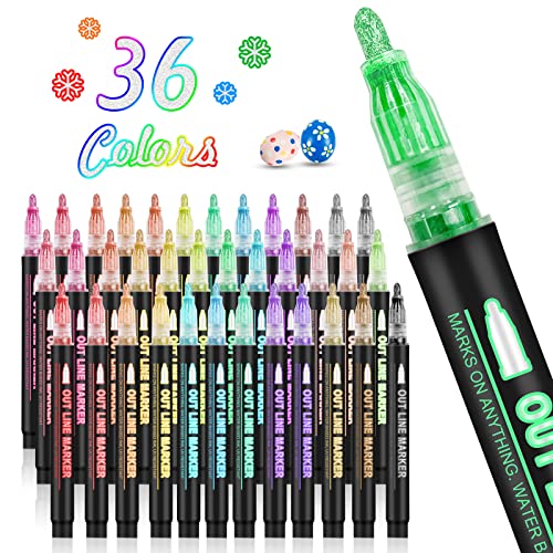 36 Pack Double Line Outline Markers, Squiggles Shimmer Markers Set, Self Outline Metallic Glitter Marker Pens for Christmas,Art, Drawing, Writing, Greeting Cards, DIY, Scrapbook, Easter Eggs,Crafts