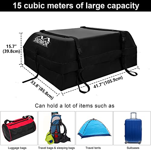 SNDMOR Roof Bag, 425L/15 Cubic Feet Waterproof Roof Luggage Suitable for All Vehicles with/Without Luggage Rack, Includes Non-Slip Mat + 4 Reinforcement Straps (Black)