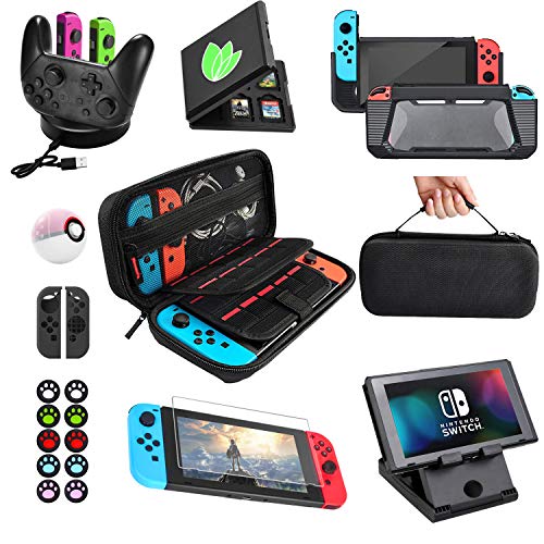 Accessories Bundle for Nintendo Switch Essential Games Kit for Switch Including Joy Con Covers,Grips and Thumbstick Caps, Carrying Bag Charging Dock, Game Card Case PlayStand