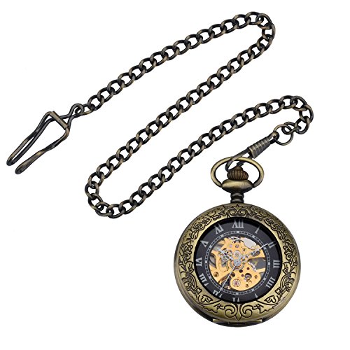Zeiger New Mens Classic Mechanical Steampunk Pocket Watch, Stainless Steel Copper Case Skeleton Roman Design, Pocket Watch with Chain (Bronze)