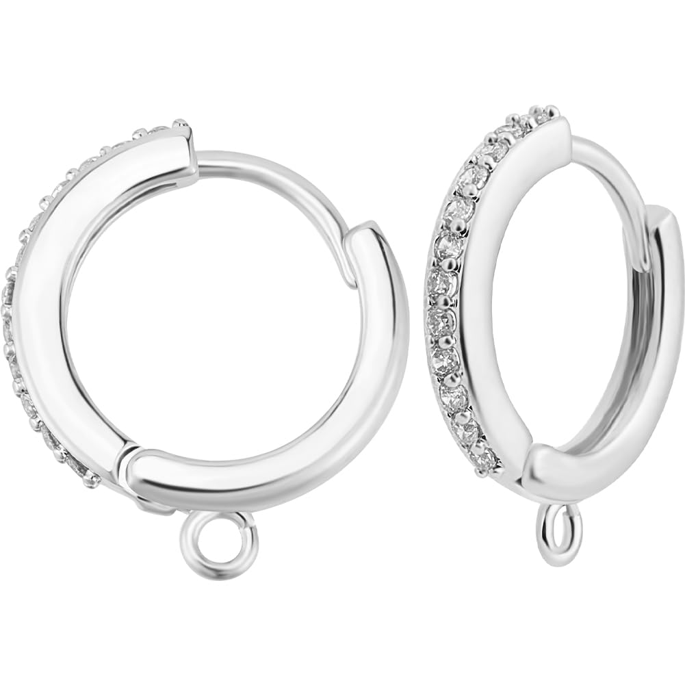 Beebeecraft 1 Box 10Pcs Cubic Zirconia Huggie Hoop Earring Findings 19 Gauge Platinum Color Round Leverback Hooks with Horizontal Loop for Jewelry Making