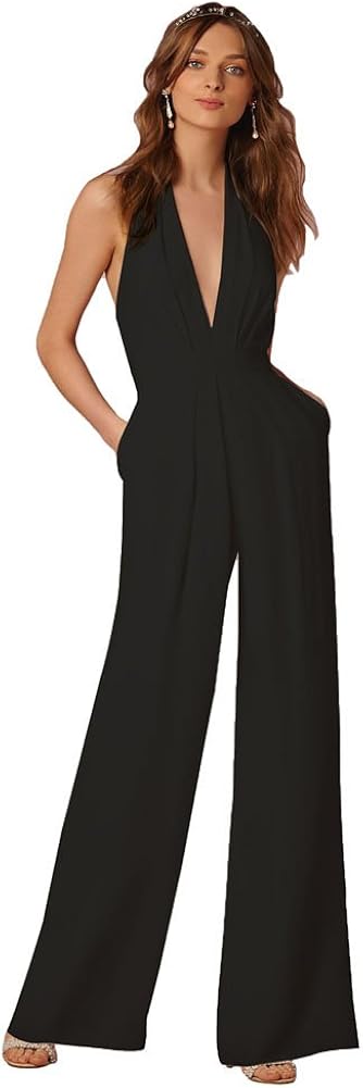 sexy deep v sleeveless halter jumpsuit