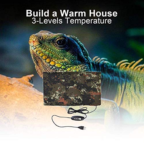 Reptile Under Tank Heating Pad - USB Amphibian Heating Camouflage Pad with Thermostat 3-Levels Temperature, Warming Pad for Lizard, Bearded Dragon, Chameleon, Corn Snake, Spider, Small