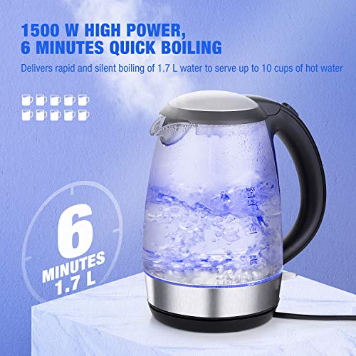 Electric Tea Kettle 1.7L, Plemo 1500W Electric Glass and Steel Kettle, BPA-Free & Boil-Dry Protection Hot Water Kettle Heater With Auto Shut-Off, LED Indicator Light Fast Boiling Coffee Kettle