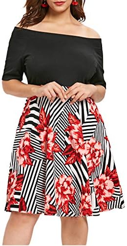 Women's Off The Shoulder Fit and Flare Plus Size Swing Dress with Pockets