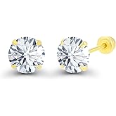 Solid 14k Yellow Gold Hypoallergenic AAA Cubic Zirconia Solitaire Screw Back Stud Earrings Secure Screw On Backs, 3mm-7mm