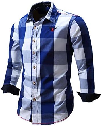 Mlhgy Men'S Fashion Plaid Shirt Full Sleeve Casual Shirt Men Streetwear Business Shirt Masculinachemise Homme Blue L