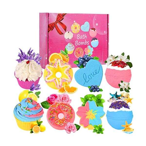 Bath-BombsAinoke-8pack-Large-Bath-Bombs-Gift-SetOrganic-Natural-Handmade-Aroma-Pure-Essential-Oi-Bubble-Bath-BallsFragrant-Spa-to-Moisturize-Dry-SkinGift-Idea-for-Girls-Women-Kids-on-Birthday Bath Bombs,Lanwexy 8 Large Bath Bombs Gift Set for Women.Organic Natural Handmade Aroma Pure Essential Oil Bubble Bath…