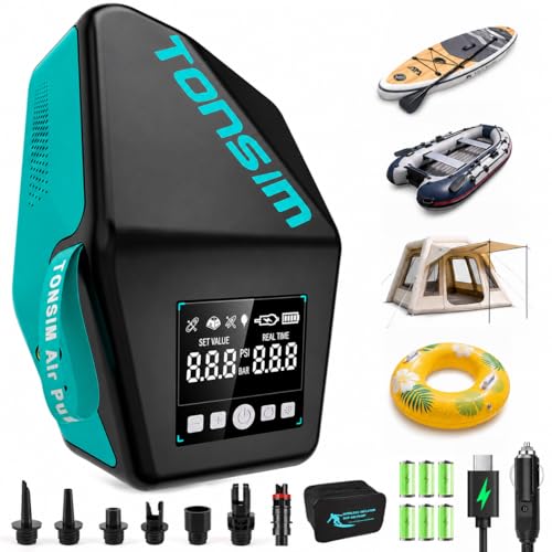 Tonsim Electric Paddle Board Pump Rechargeable 20 PSI, 15600mAh Cordless SUP Pump with 4 Modes, Dual-Stage Inflation & Deflation, Auto-Off, 12V DC Car Connector, LED Light, Black