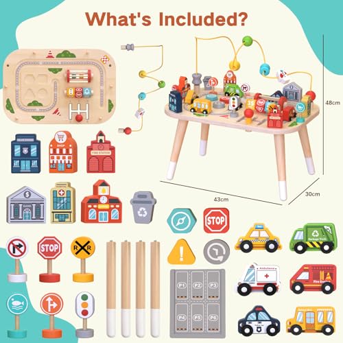 Weilim Baby Activity Table, Wooden Sensory Table with Bead Maze Sort Shapes and Train Circuit, Montessori Farm Toy, Educational Toy for Kids (Car)