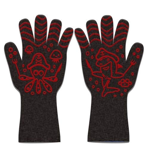 HIGHCAMP Heat Resistant Grill BBQ Gloves Oven Mitts - Hot Grilling Cooking Baking Frying Smoking Gloves with Toaster Bags - Perfect As Kitchen Household Camping Long Cuff/Red