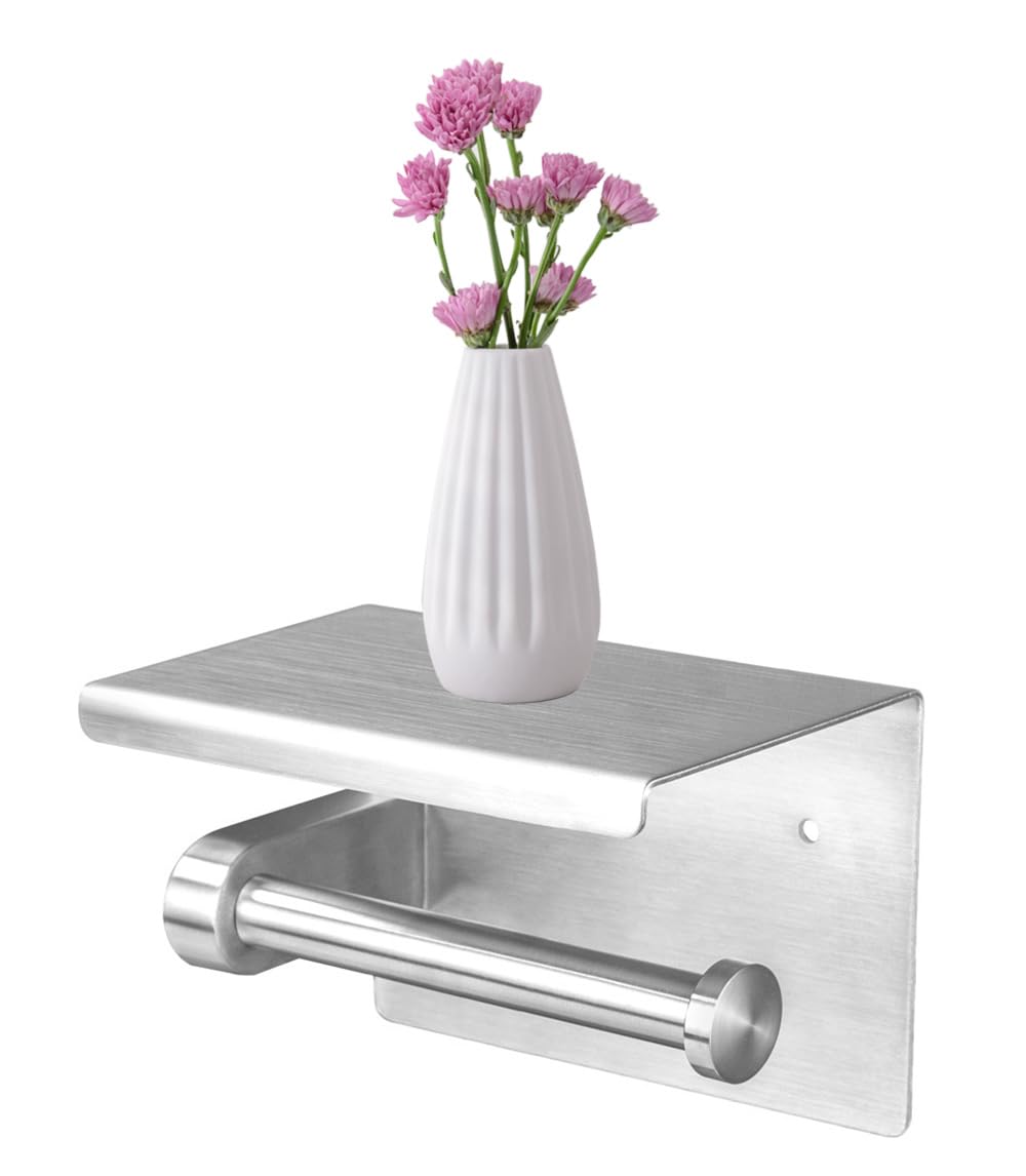 Brushed Nickel Toilet Paper Roll Holder with Shelf Storage Silver Toilet Tissue Holder for Bathroom Wall Mount Accessories Tp Holder Stainless Steel Material