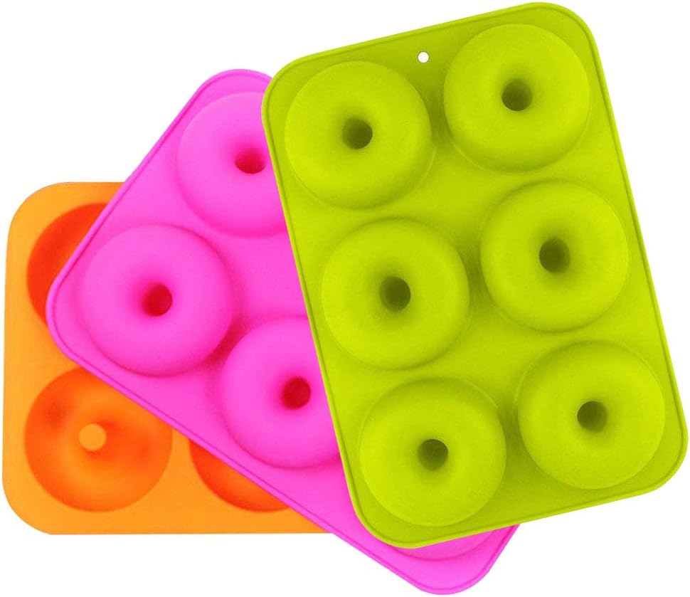 3 Pieces Silicone Donut Molds with 6 Chambers for Cake Biscuit Bagels Muffins Donut (Orange, Rose Red, Green)