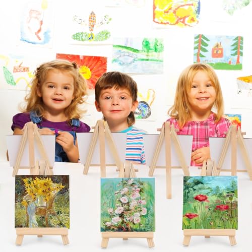 14 Mini Lienzos y Bastidores,Mini Lienzos y Caballetes con 14 Caballete,14 Pinceles, 3 Paletas de Arte y 12 Mini Pinturas Acrílicas, Juego de Caballete de Pintura, Ideal para Casa,Escuela(8×8 cm)