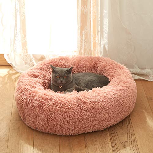 Uozzi Bedding Plush Faux Fur Round Pet Dog Bed, Comfortable Fuzzy Donut Cuddler Cushion for Dogs & Cats, Soft Shaggy and Warm for Winter (Pink, 23.6â€)
