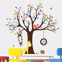 Cartoon Animals Wall Decals Removable Tree Wall Stickers DIY Owls Wall Art Cute Monkey Squirrel Hedgehog Giraffe Wall Decal for Kids