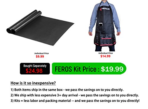 FEROS KIT - (3 Items!) 2 Non Stick BBQ Grilling Mats + FEROS Apron With 3 Pockets, Adjustable Neck, and Grilling Tips.