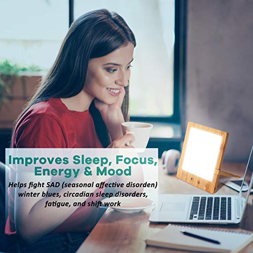 SAD Light Therapy Lamp 10000 Lux, Wood Grain Daylight Lamp Helps Combat Seasonal Affective Disorder, Portable Home Office Natural Sunlight Energy Lamp with Timer Function Touch Control UV-Free