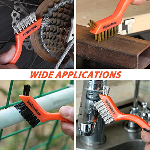 ValueMax Wire Brush Set 8Pcs Stainless Steel/Brass/Nylon Bristles with Curved Handle Grip, Heavy Duty Stainless Steel Wire Scratch Brush with Beechwood Handle for Rust, Dirt and Paint Cleaning