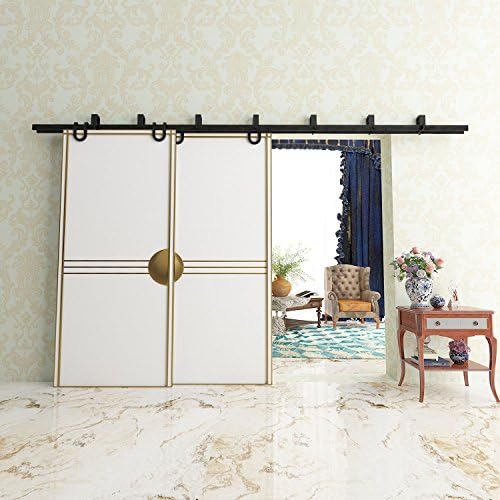 Vancleef 13FT Bypass Door Kit Sliding Barn Door Hardware, Horseshoe Design, New Style U-Bracket, Black Rustic, Interior and Exterior, With Quiet Glide Roller and Descriptive Installation Manual