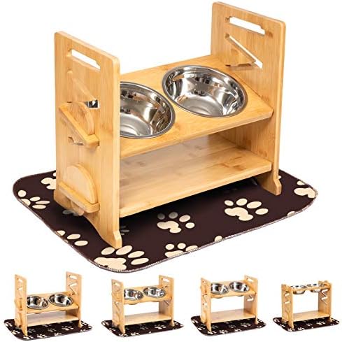 Q-Hillstar Adjustable Dog Raised Bowls, Elevated Tilted Dog Bowl Stand, Wooden Pet Feeder Stand with 2 Stainless Steel Bowls for Small and Medium Cats and Dog