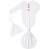 Newborn Baby Boys Girls Knotted Gown Hat Set Soft Bamboo Viscose Infant Sleeper Baby Sleep Gown with Mittens