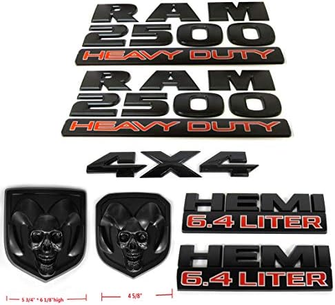 Set OEM RAM 2500 4X4 Heavy Duty plus Grille Tailgate 6.4 Liter HEMI Emblems Badge 3D Skull Replacement for RAM 2500 2013-2018 Black