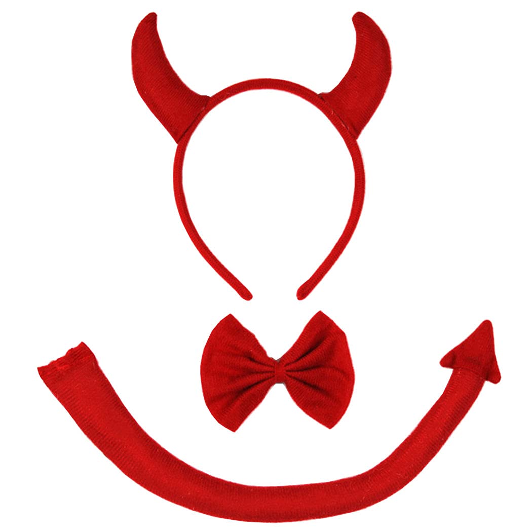 She's Shining Devil Horns Ears Headband Tail Set Halloween Costume Party Headwear(Red)